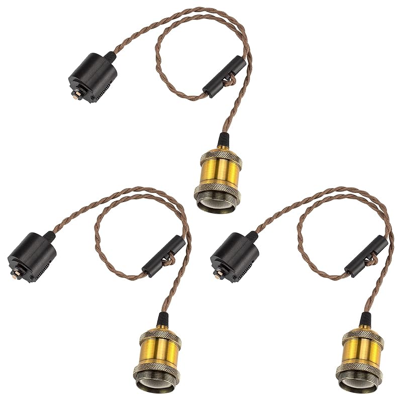 DiCUNO １灯用ペンダントソケット 裸電球 E26口金　配線ダクトレール用 真鍮色/シャンパンゴールド/ブラック 電球ソケット 天井照明 吊り下げ コード付き 70cm調節可 レトロ アンティーク