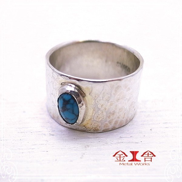 ターコイズ 指輪 リング 7号 鎚目仕上げ シルバー 950 ハンドメイド //金工舎