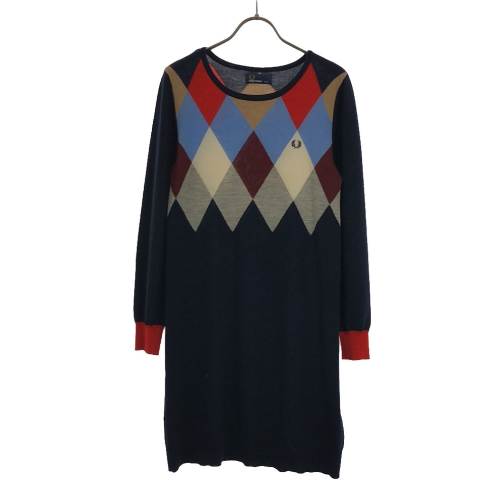 ウール アーガイル柄 長袖 ニット ワンピース 8 ネイビー系 レディース