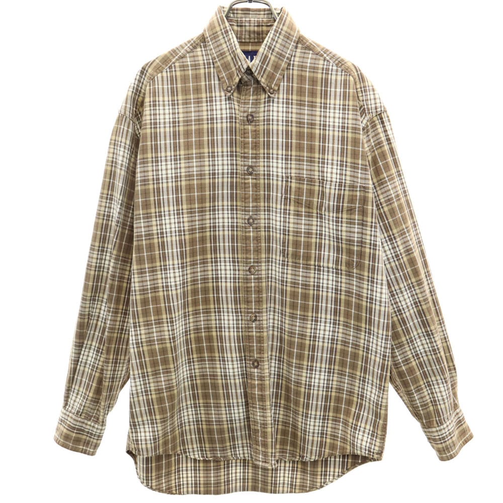 90s オールド チェック柄 長袖 ボタンダウンシャツ S ブラウン 他 メンズ