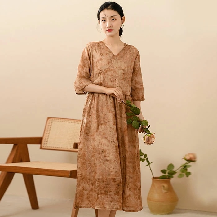 リネン ワンピース 麻 レディース 大きいサイズ 春 夏 半袖 五分袖 きれいめ 花柄 ロング 着痩せ vネック 体型カバー 吸汗 通気 おしゃれ カジュアル エレガント レトロ 薄手 OL通勤 旅行