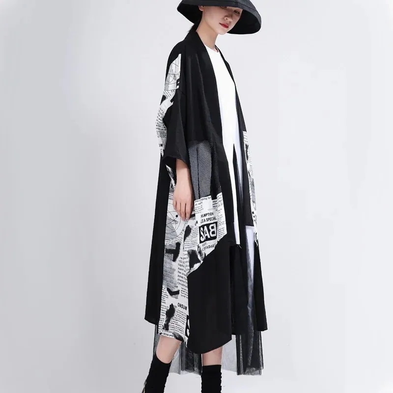 【J.Fashion】 レトロ今週の割引は 25% オフです ロングカーディガン 七分袖 体型カバー チュニック 新聞模様 ドッキング シアーシャツ ブラウス 水陸両用 体型カバー 日焼け止め メガ割