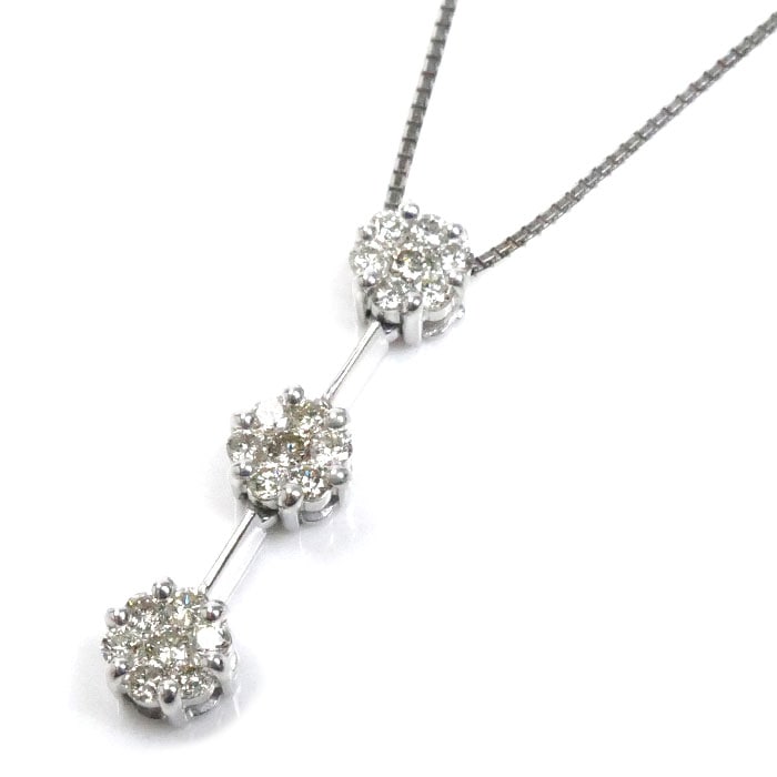 K18WG ホワイトゴールド フラワー 3列 ネックレス ベネチアン ダイヤモンド0.54ct 4.6g -46cm レディース 中古