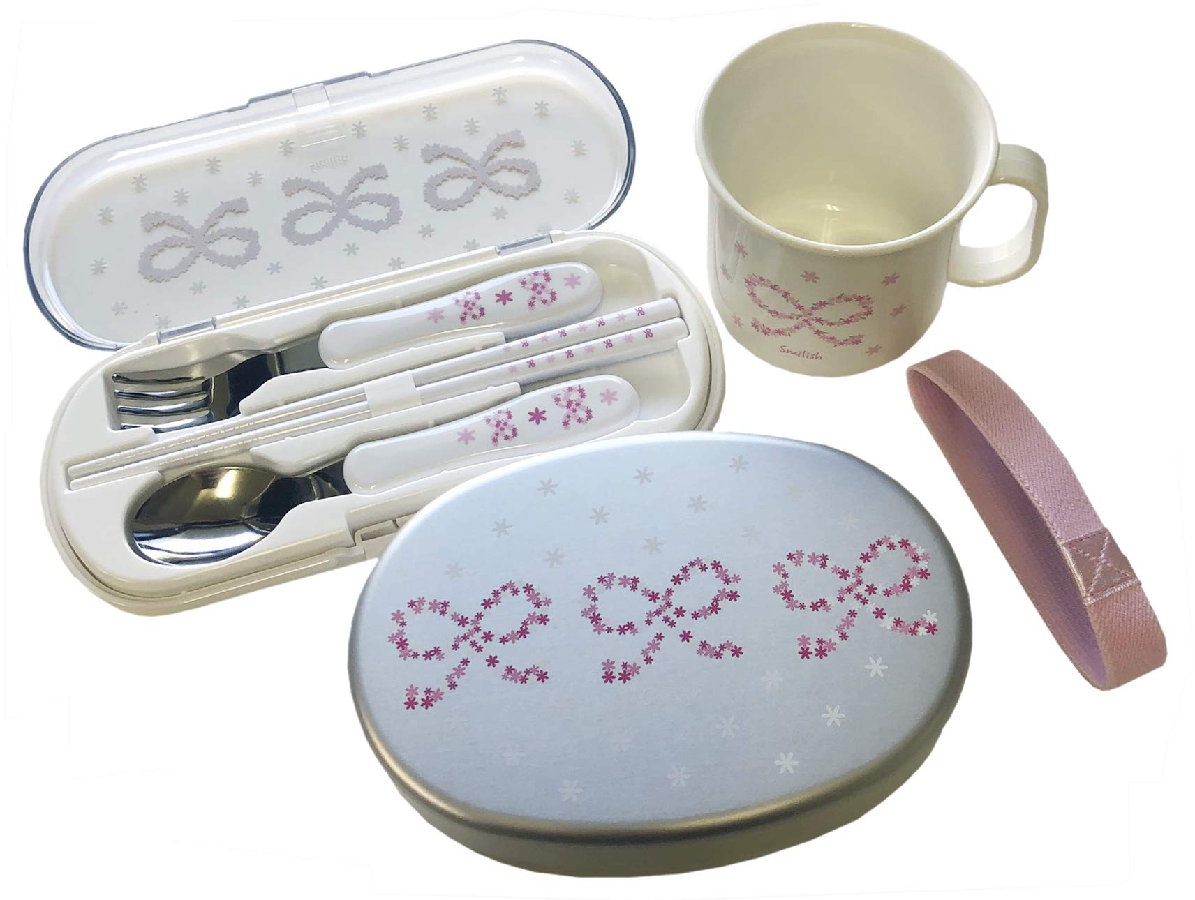 ランチ３点セット 幼稚園（内ブタ付アルミお弁当箱カトラリーセット耐熱コップ)フラワーリボン