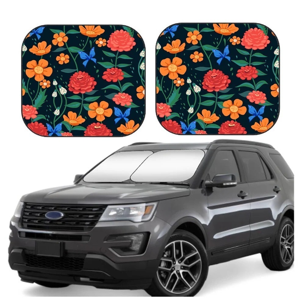 車のフロントガラスサンバイザー 花-蝶とパターン 2ピースのフロントガラスサンシェード