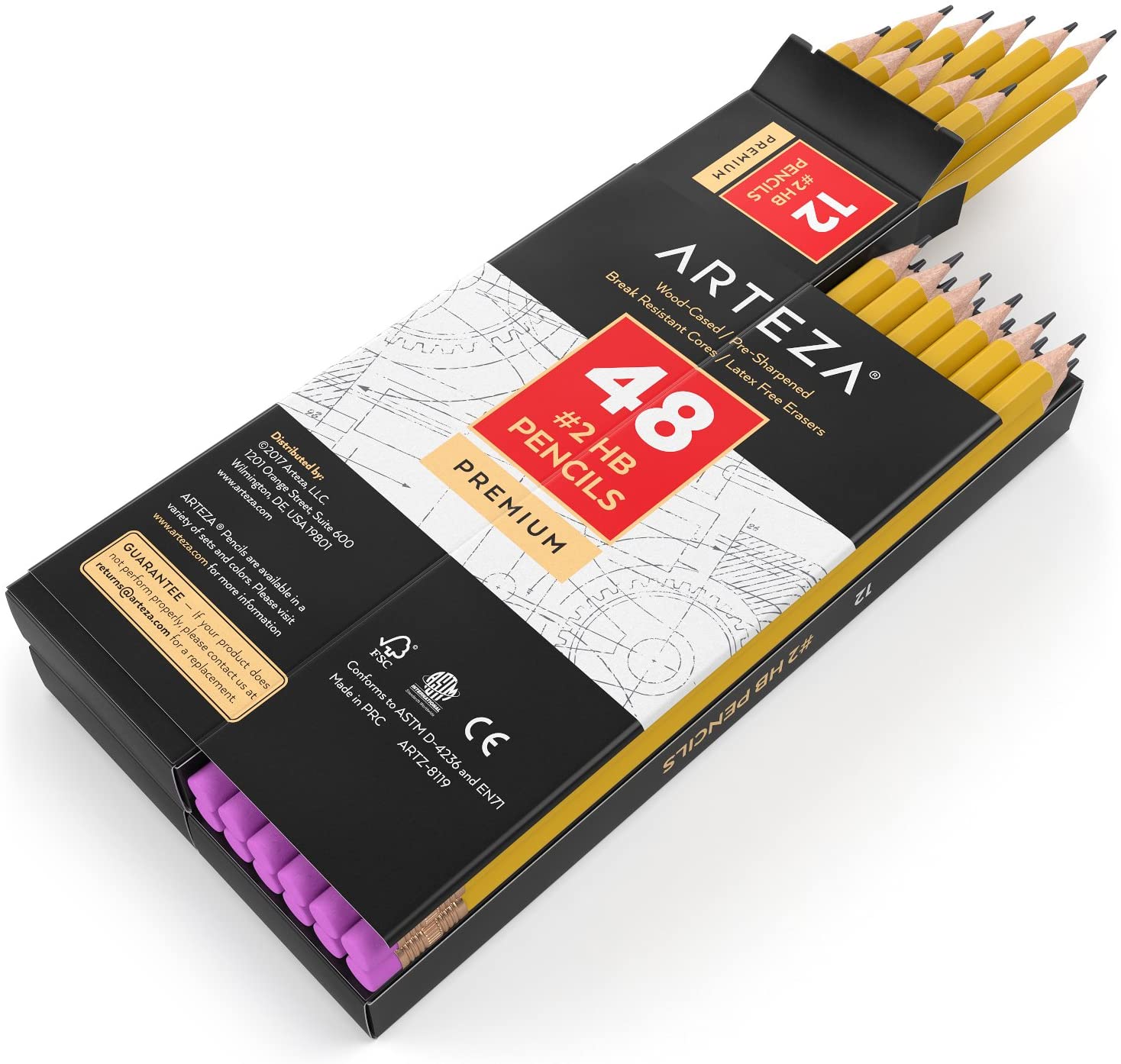ARTEZA #2 HB ウッドケースグラファイトペンシルパック 48バルクラテックスフリー消しゴム