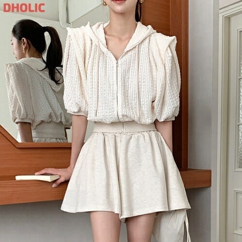 [メガ割りSALE]ジップアップパンチングパフスリーブフレアセットアップ・1920049