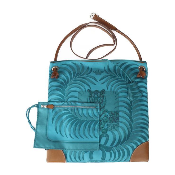 HERMES エルメス ショルダーバッグ - シルキーシティPM TIGRE ROYAL 王者の虎 シルク レザー ブルー系 ブラウン系 シルバー金具 R刻印 本物保証 中古