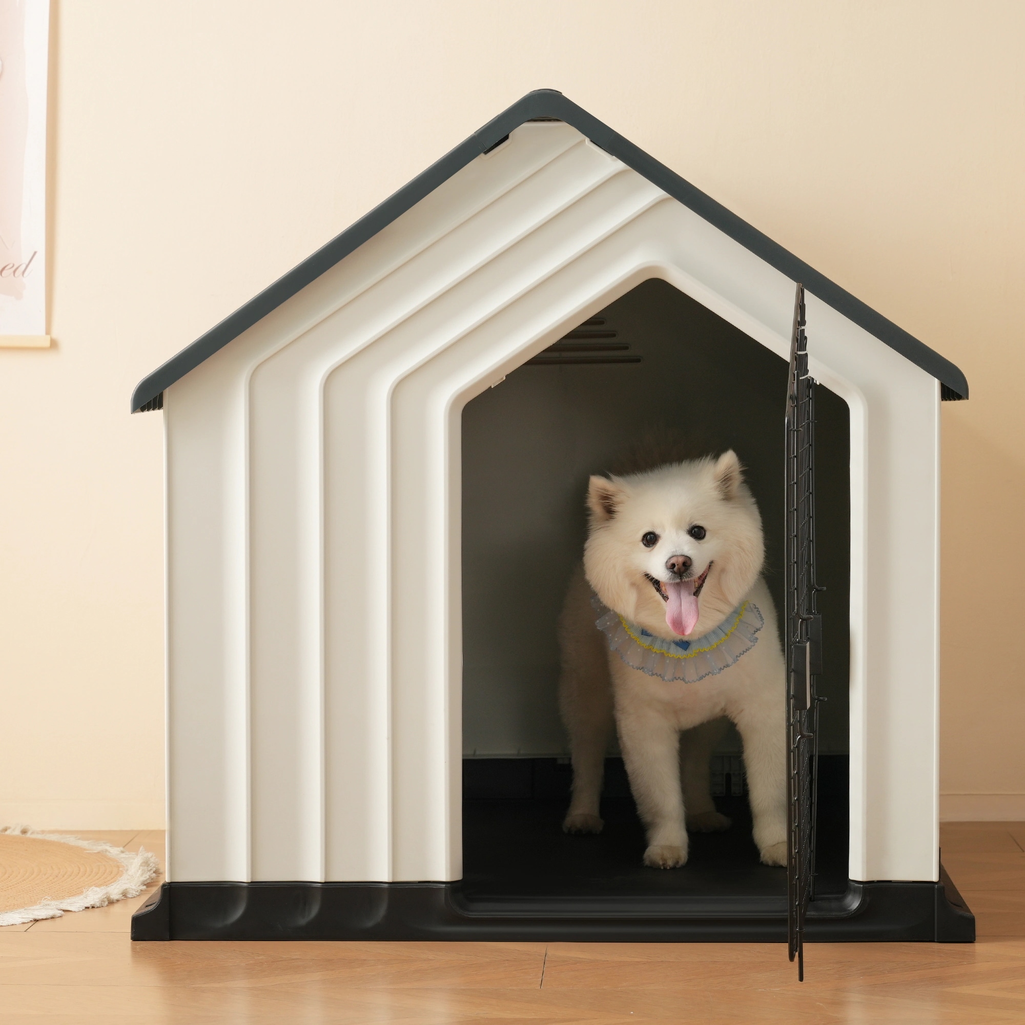 1469犬小屋 ドア付き ペットハウス ペットケージ プラスチック製 犬 室内犬 室外 ペットゲージ オシャレ ボブハウス ペットハウス ペットサークル L グレー