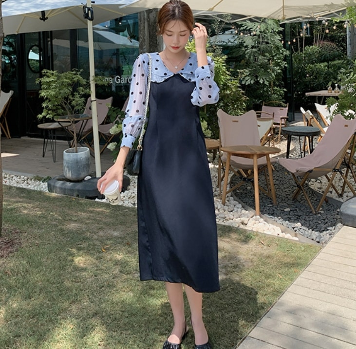 ワンピース 膝下スカート 膝下スカート 長袖 ラウンドネックスリム 細身 ストレート スマート キュート ガーリー ラブリー 無地 個性的 S M L XL 2XL ブルー こなれ感 エレガント