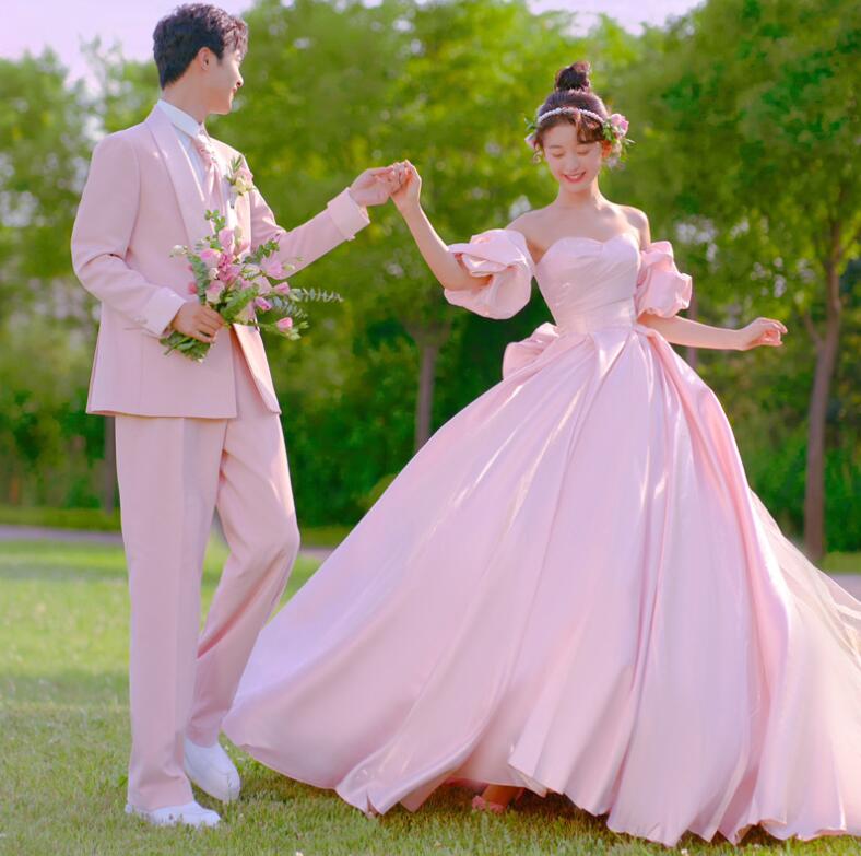 ウェディングドレス フォトウェディング撮影 きれいめ 高級感 前撮りドレス 後撮り お姫様 可愛い 花嫁ドレス ワンピース ピンク パーティードレス ロング オフショルダー ピアノ発表会 披露宴 カラ