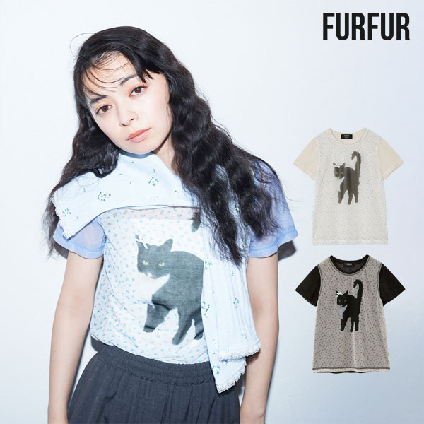 【即納】ファーファー FURFUR トップス 25春夏 【上國料萌衣コラボ】Oolong花柄Tシャツ ミドル丈 半袖 コラボ 猫 rwct252060