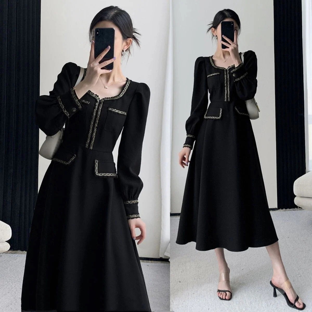 韓国ファッション 春秋 小香風 フェイクレイヤード 高級感 大きいサイズ ニット ワンピース 長袖 気質 ロング ワンピース