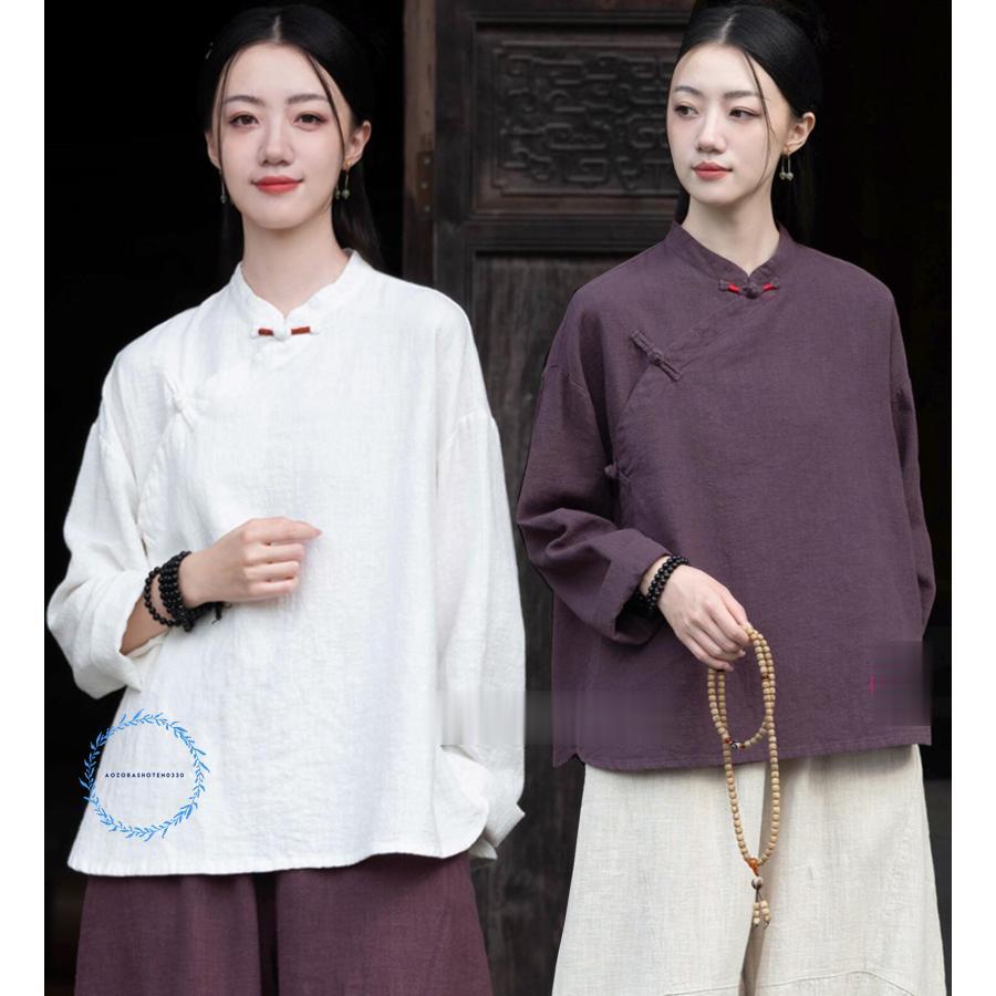 綿麻ブラウス 春秋冬向け 麻調 リネン ブラウス ナチュラル 綿麻 シャツ チャイナ服 ゆったり 大きめ 中華服 エスニック チャイナブラウス レディース 大人 中華