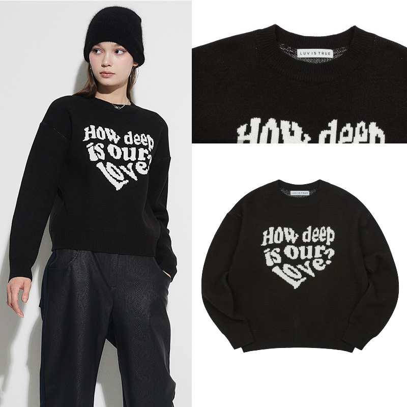 [ LUV IS TRUE ] OW LOVE KNIT/ BLACK / FREE / クロップ機長の雰囲気ある/シグネチャーロゴデザイン/初冬まで着用提案