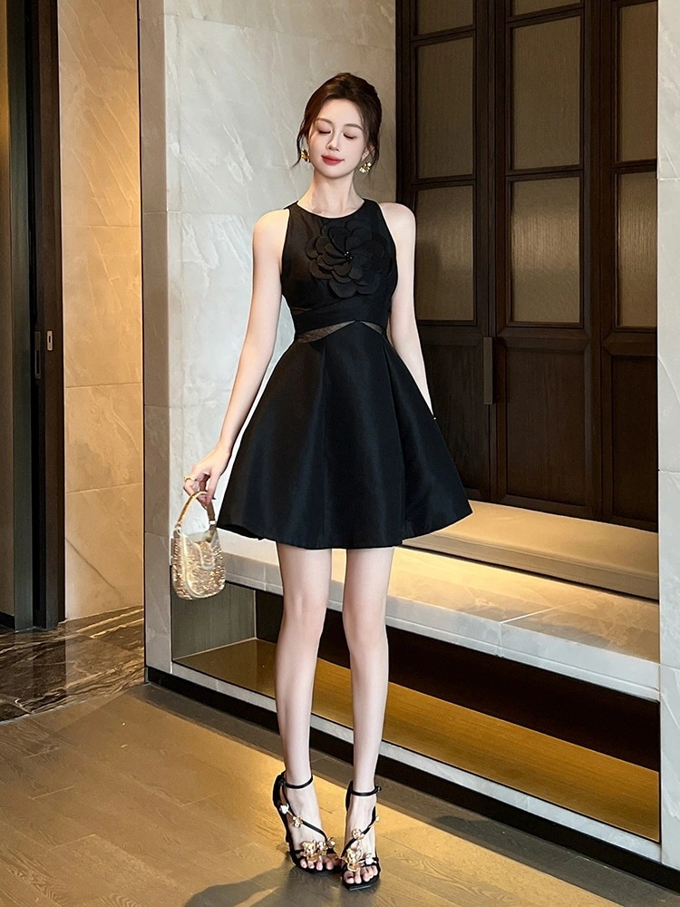 2024夏新品 ノースリーブ ショート ワンピース Aライン 花飾り ドレス パーティー キャバ 大人 同窓会 披露宴 卒業式 結婚式 演奏会 ウェディング 二次会 メガ割30%までに制限
