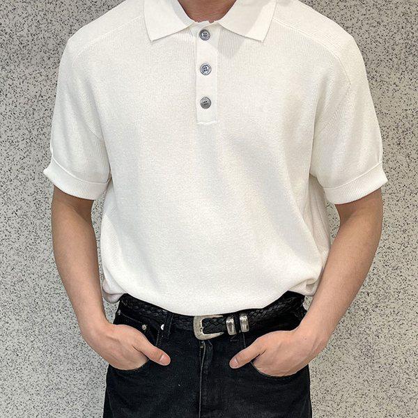 メンズシンプルボタンカラーネック半袖ニットTシャツ AS-KNH-Q016-アイボリー