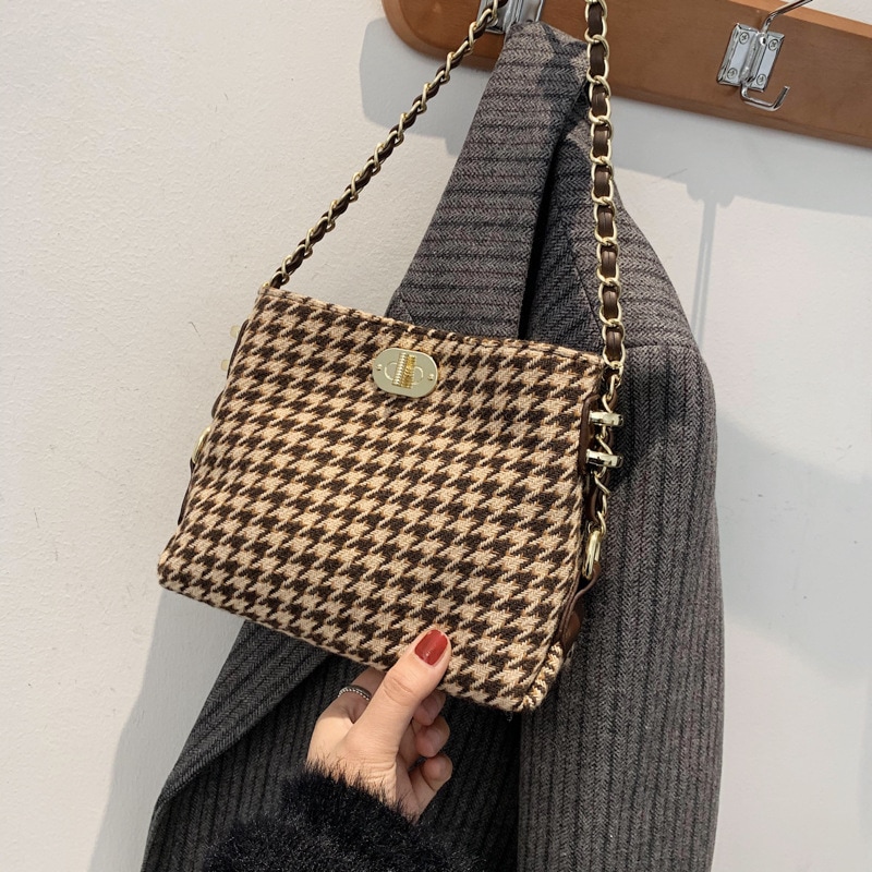 ファッション 新素材千鳥格子バケットバッグ レディース 秋冬新作トレンド ワイルドチェーンネット ワンショルダー スモールバッグ 赤 メッセンジャー