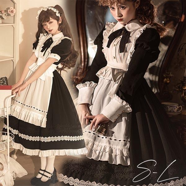 即納 ロリータ 黒ロリ ワンピース Aライン Lolita メイド 女の子 コスプレ 学園祭 文化祭 パーティ