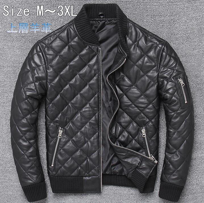 高級感あふれるメンズジャケット 男性用羊革ライダースジャケット 中綿入りダウンコートショート丈 防寒防風アウター 海外通販対応 127 ブラックブルゾン