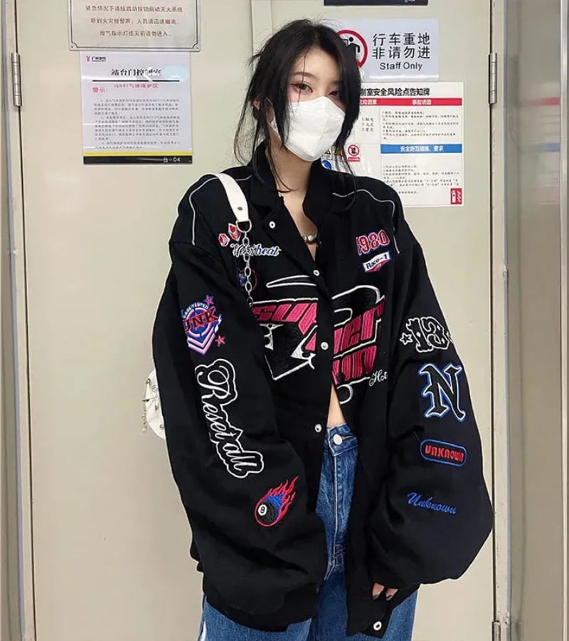 ゆるっとルーズ感がおしゃれ ビッグシルエット ワッペン ブルゾン アウター 刺繍 羽織り ジャケット ビッグサイズ オーバーサイズ ゆったり カジュアル 韓国ストリート ドロップショルダー ルーズ