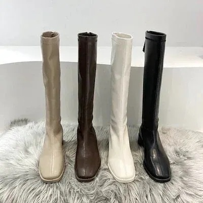 2025新品発売厚底 ジッパー 定番 脚長効果 快適な レトロ ステッチ ロングブーツ レザー シンプルデザイン