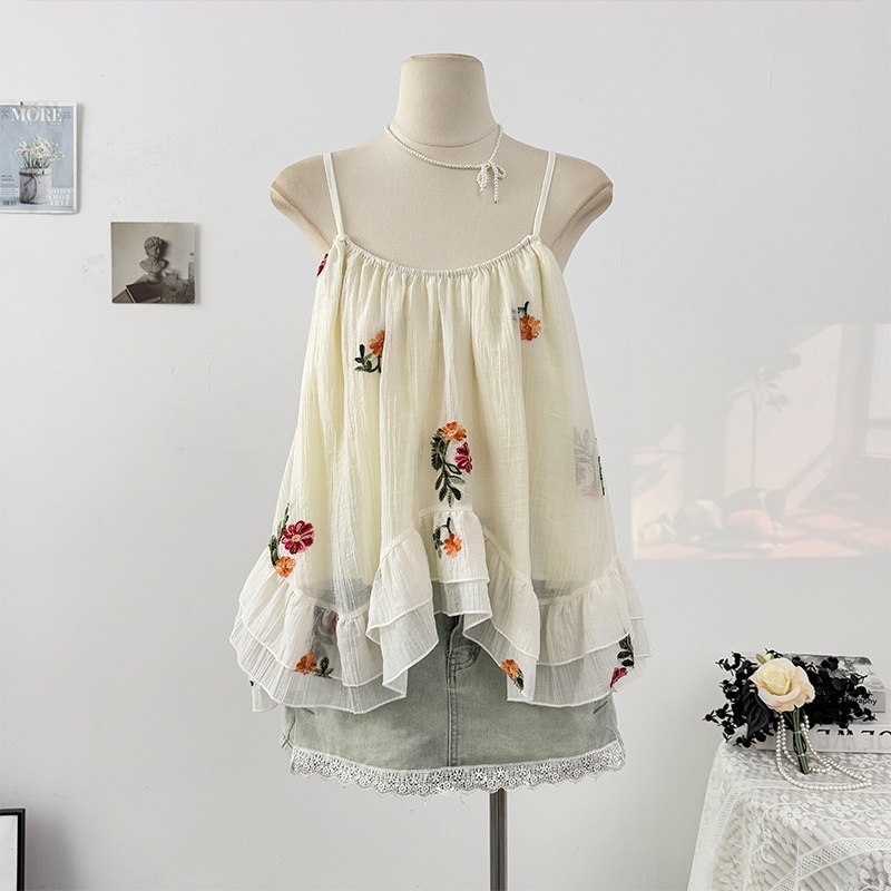 【1点ご購入 で10点プレゼントいたします】フリル重工刺繍花柄キャミソール女性夏2025洋風減齢プリーツゆったりスカートトップス