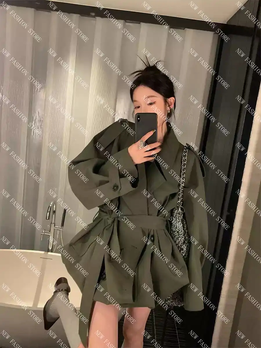 トレンチコートレディース春秋新作小柄レトロカジュアルミディアムゆったりコート-24