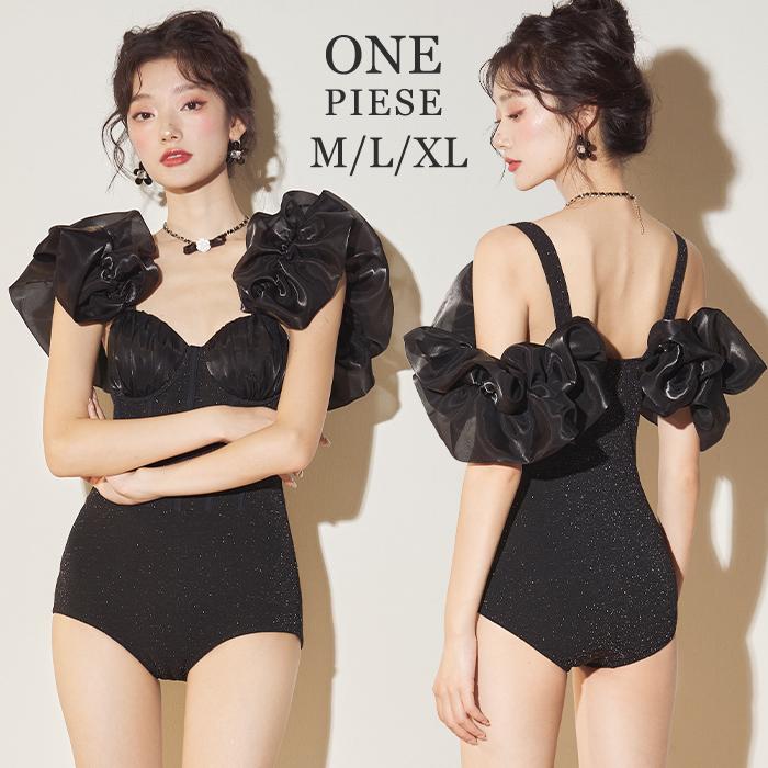 おしゃれ水着 体型カバー フリル袖 ワンピース 水着レディース オールインワン 可愛い トレンド水着 ボリューム袖 黒 ラメ水着