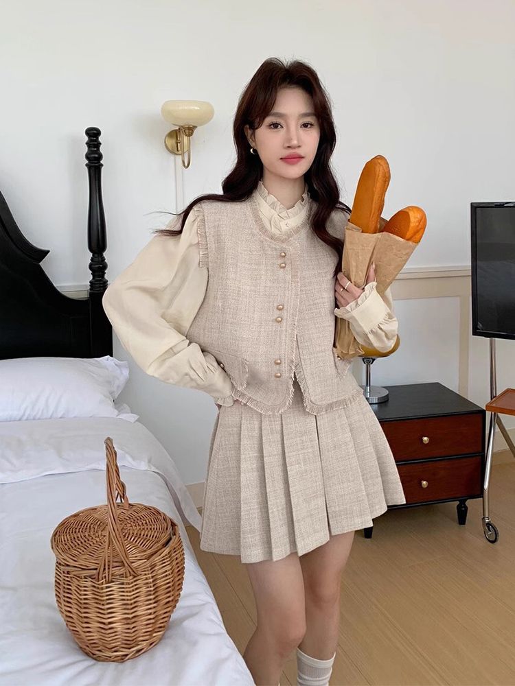 ショートスカートセット 2025 シャツ 春 新しいスタイル ハイエンド ライトラグジュアリー ウエストコート・プリーツスカート2点セット 韓国 セットアップ セットアップ スウェット セットアップ