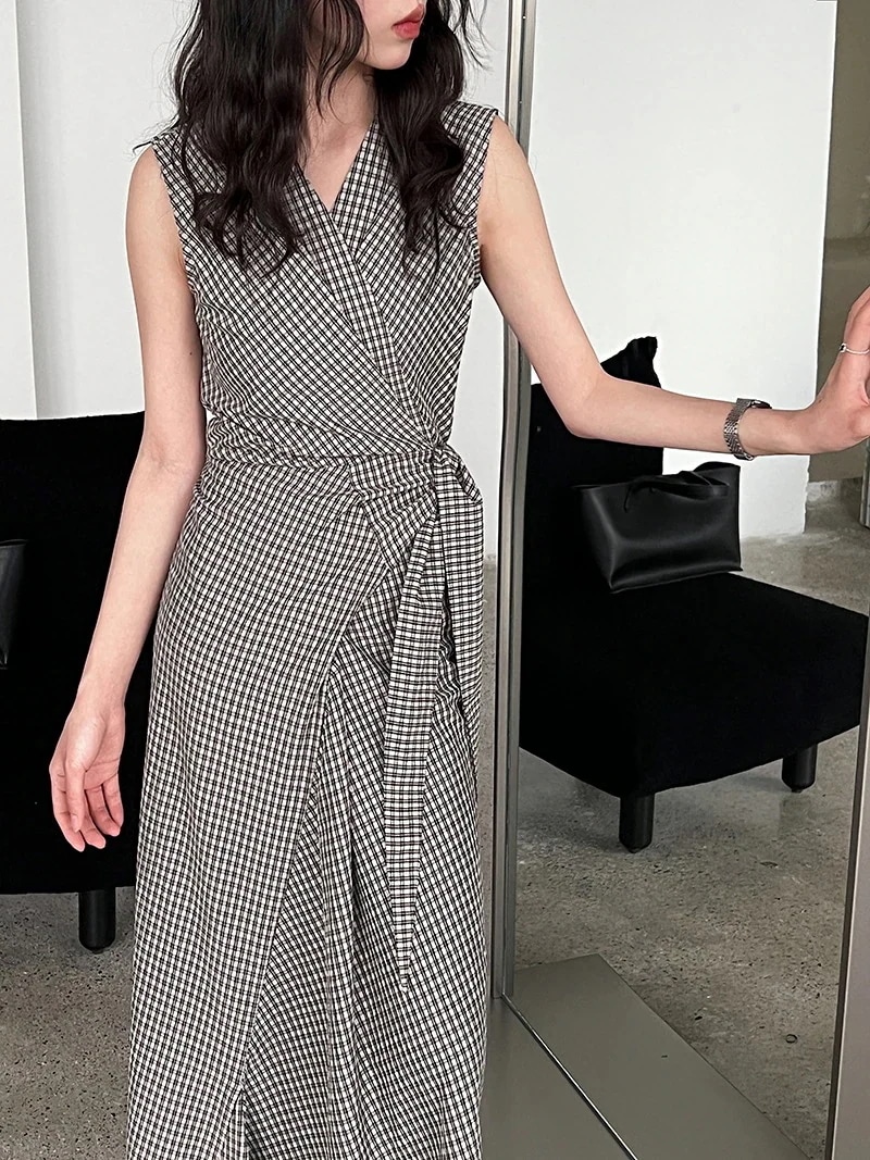 Vネックワンピース 韓国ファッション韓国ファッション レディース チェックタンクトップワンピース 気質通勤 ファッション 新品追加 ドレス OL ワンピース