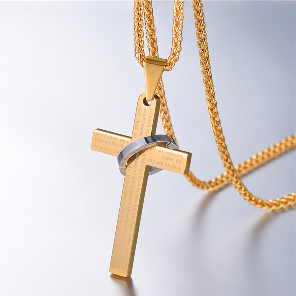 リングゴールドクロスステンレスネックレス（55cmのチェーン付き）十字架 金色 指輪 ロザリオ 首飾り アクセサリー 太め 長め メッセージ 英語 プレゼント 男性 女性 stt00-00-0095