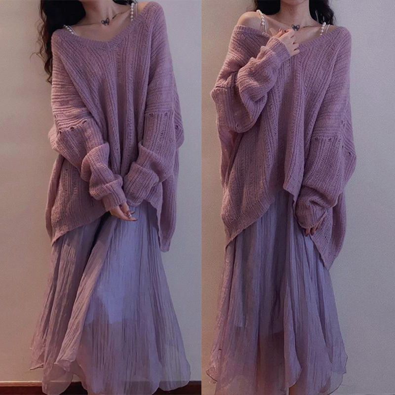 初秋のキキョウ科のセーターのスカートのツーピースのスーツの気質のハイエンドの甘くてスパイシーな紫色のベールのドレス 母の日 母の日-0008663