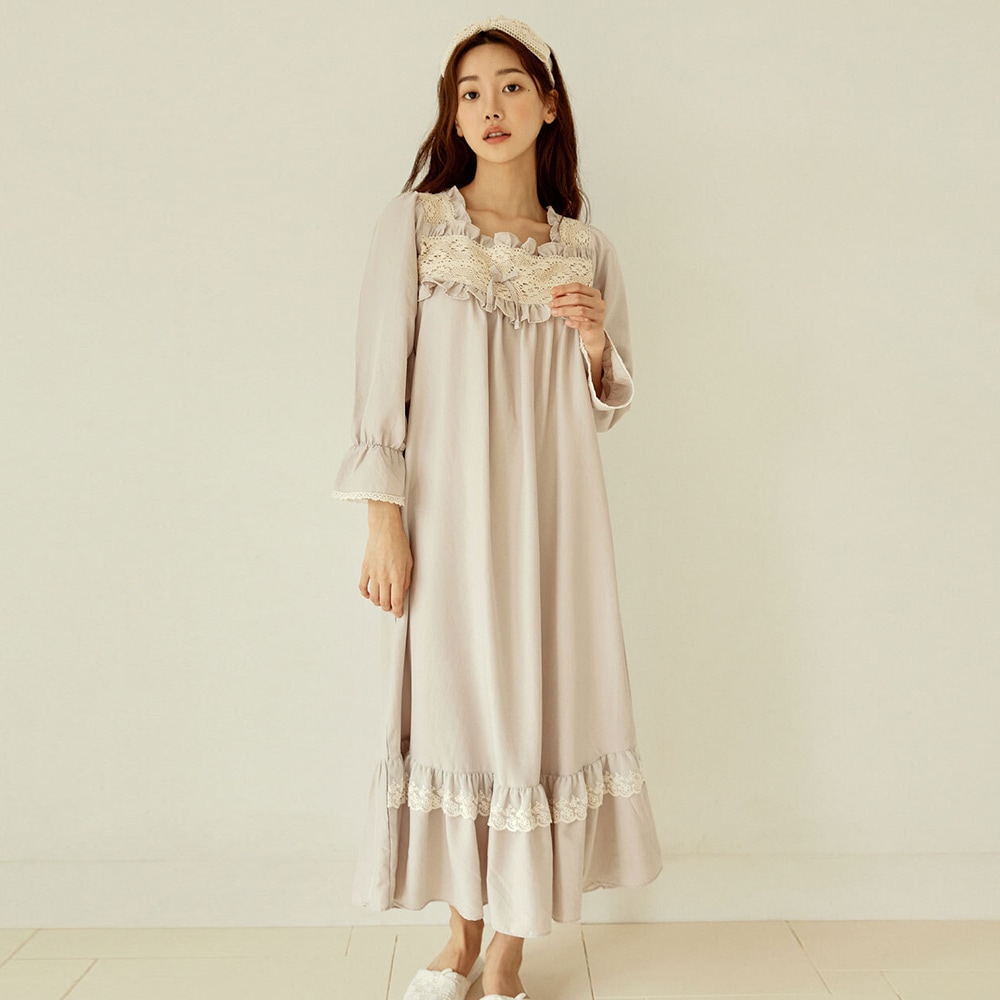 [リメイン]レディースサンドウォッシング ポリワンピース(長袖スクエアネック)韓国パジャマ