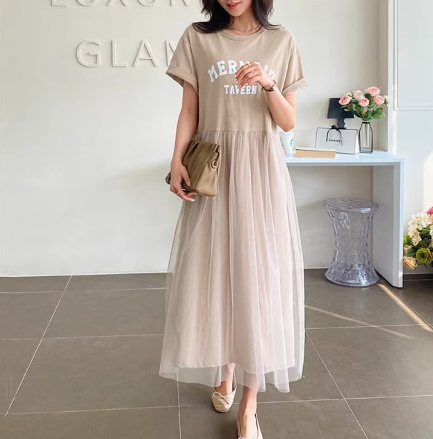 レディース ワンピース ロング マキシ 半袖 Uネック レース チュール シフォン フリル かわいい 大人可愛い きれいめ シンプル カジュアル 上品 おしゃれ かっこいい レトロ こなれ感 ラフ