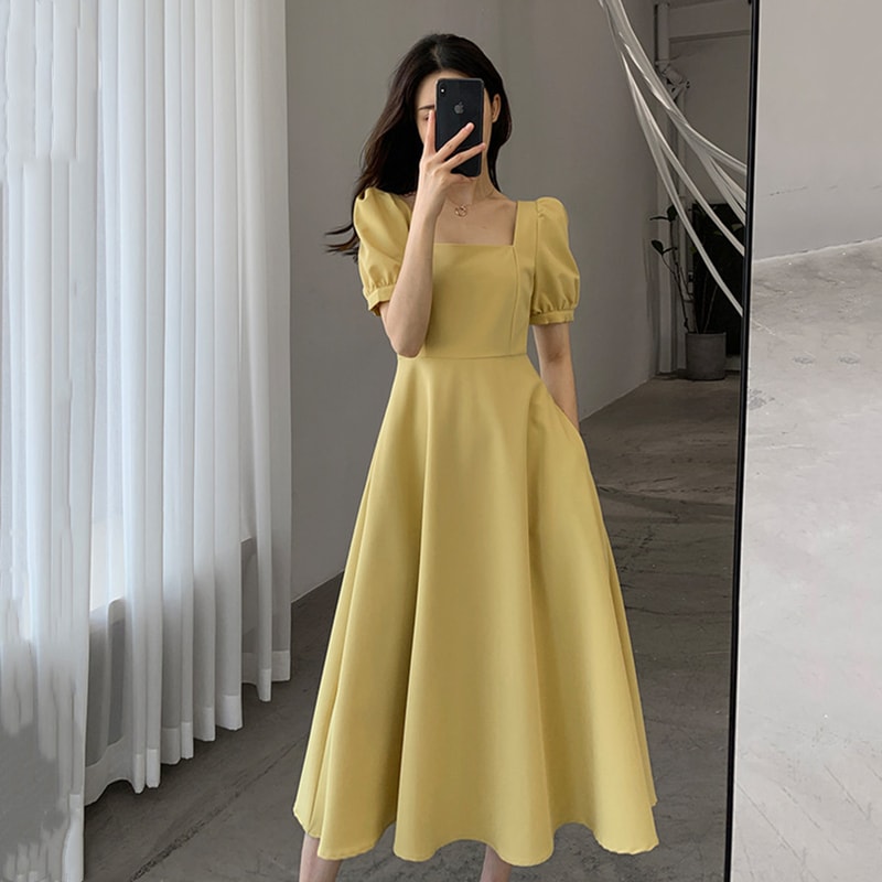 ワンピース フレアワンピース ミモレ ミモレ丈 ロング ロング丈 袖あり 半袖 パフスリーブ スクエアネック フレア セミフレア Aライン ウエストマーク 大人可愛い きれいめ 大人 上品 おしゃれ