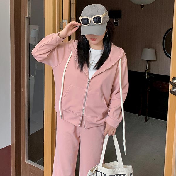 長袖 オーバーサイズ フルジッパパーカー 複合リブニット生地 スウェットスーツ レディース セットアップ