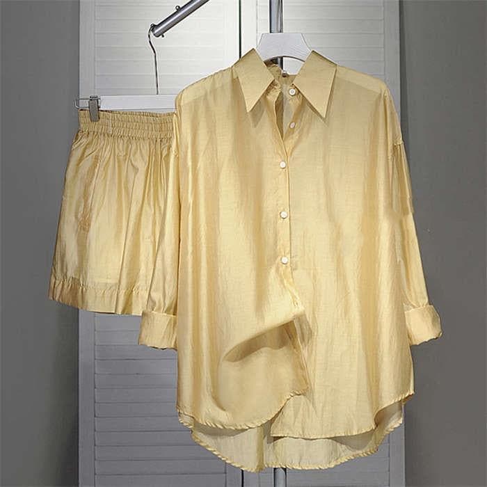 セットアップ レディース カジュアル 夏 シアー ショートパンツ シャツ 長袖シャツ 大きいサイズ ブラウス 上下セット UV 膝上 ロングシャツ ショーツ