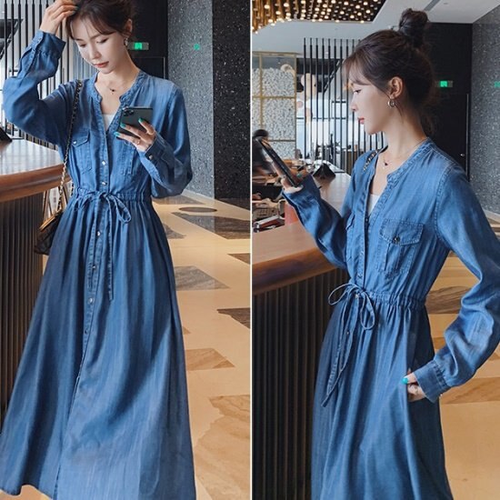 【取寄：納期2週間】デニムワンピース レディース 韓国 ファッション シャツワンピース ロング Aライン ブルーデニム ダンガリー ウエストリボン デニムシャツワンピース 長袖 おしゃれ 春秋冬