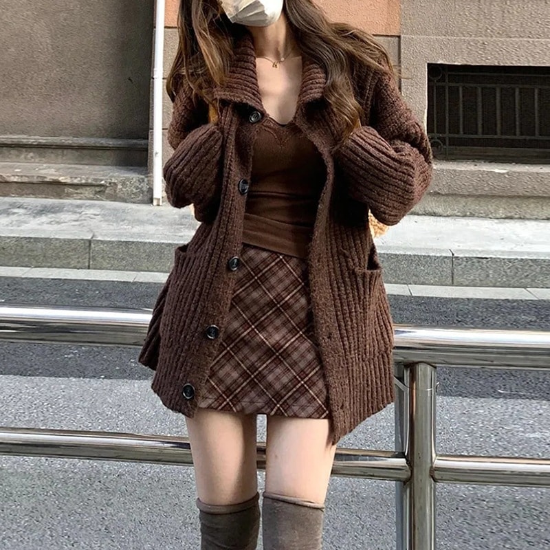Merlad レディース 秋/春セット: コーヒーブラウンセーターレースインナートップチェック柄ミディスカート3点セット (トレンド)