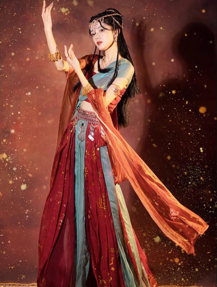 ハロウィン コスプレ衣装 中華 古代 敦煌 飛天 アラビアン 民族衣装 唐時代 宮廷舞踊 仕女 演目衣裳 西域 アジア 異国風情 ベリーダンス衣装 ジャスミン風 全身 コスチューム ひらひら 飄逸 き 7,055円