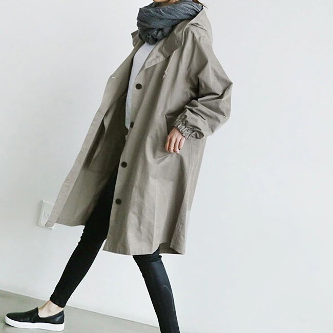 2色 アウター コート レディース 秋冬 きれいめ 軽い ウィンドブレーカー 膝下 ミモレ 長袖 フード BIGシルエット フレア ストレート フード付き ポケット 前開き 色展開 黒 ブラック 灰色