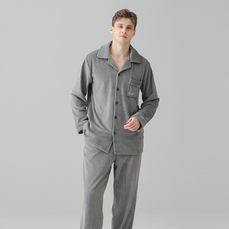 メンズパジャマ冬春秋コーラルベルベットプラスベルベット厚みのある暖かい男性用ホーム服セット屋外で着用可能