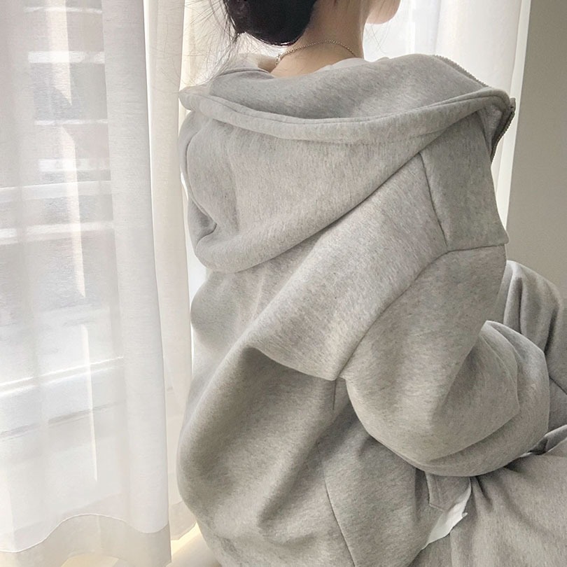 韓国の女性ファッション / 楽に可愛いオーバーフィット裏起毛ジップアップパーカー jp1094