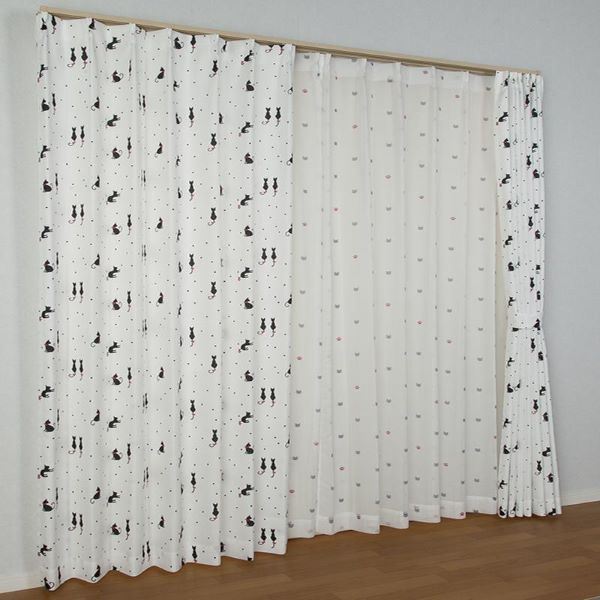 カーテン 4枚セット 約幅100x長さ178cm 猫柄 ドレープ/レースx各2枚 洗える タッセル付き 形状記憶 にゃーとニャン ミックス