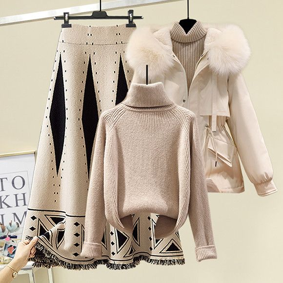 冬新作 2点セット/3点セット レディースファッション 中綿コート/ タートルネックセーター/ニットスカート セットアップ