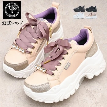 公式SHOP特典キズ補修液付 / ヨースケ厚底スニーカー レディース きらきらビジュー付き 歩きやすい 5.5cmソール りぼん ラメ