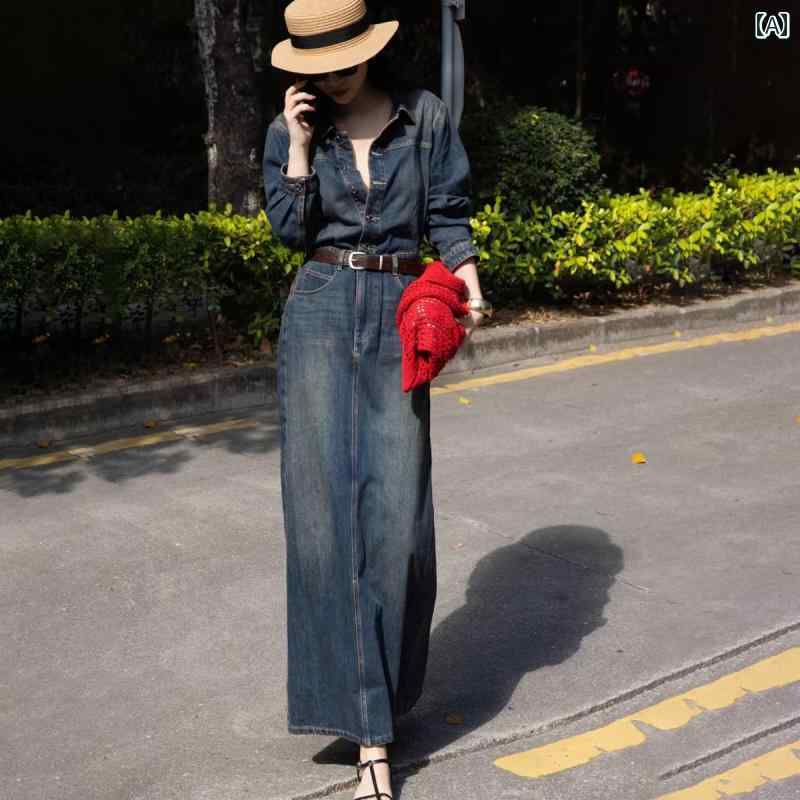 レディース　ドレス　ワンピース 2025 春 デニムワンピース レディース 長袖 アメリカン レトロ ウォッシュ スリット ポロ カラー ロング ワンピース