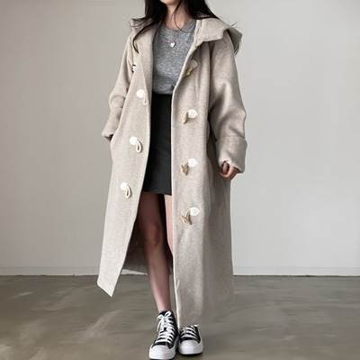 アウター ダッフルコート 2色 ロング丈 フード付き レディース 大きめ 長袖 無地 個性的 きれいめ エレガント 灰色 黒 シンプル カジュアル 体型カバー 細見え 着痩せ 秋 冬 かわいい お洒落