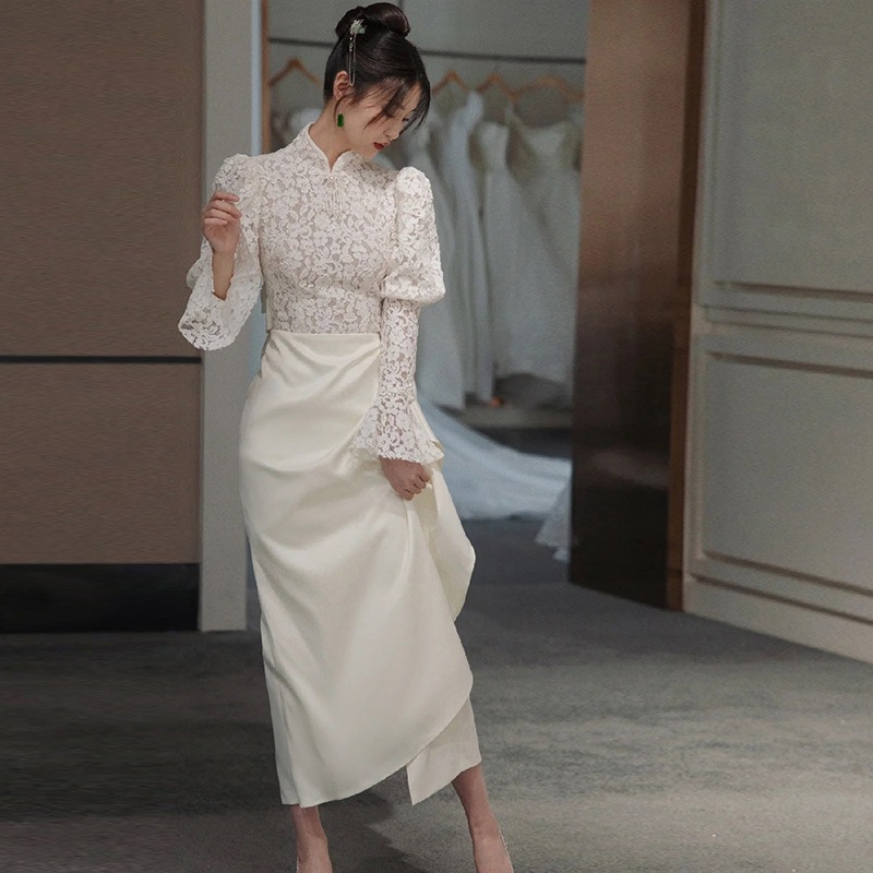 ドレス 衣装 イブニングドレス ロングドレス チャイナドレス 長袖 タイト バックリボン 刺繍 ロング丈 ステージドレス 発表会 かわいい 大人可愛い きれいめ シンプル 上品 おしゃれ かっこいい